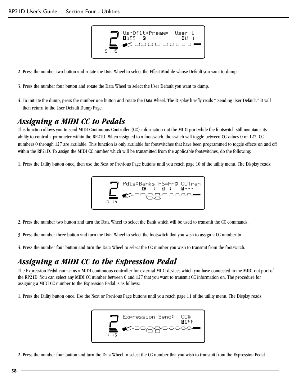 Assigning a midi cc to pedals, Assigning a midi cc to the expression pedal, Pdls:banks fs=prg cctran | Usrdflt:preamp user 1 | DigiTech RP21D User Manual | Page 63 / 69
