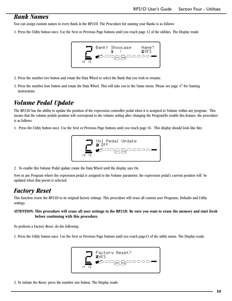 Bank names, Volume pedal update, Factory reset | Vol pedal update, Bank: showcase name | DigiTech RP21D User Manual | Page 64 / 69