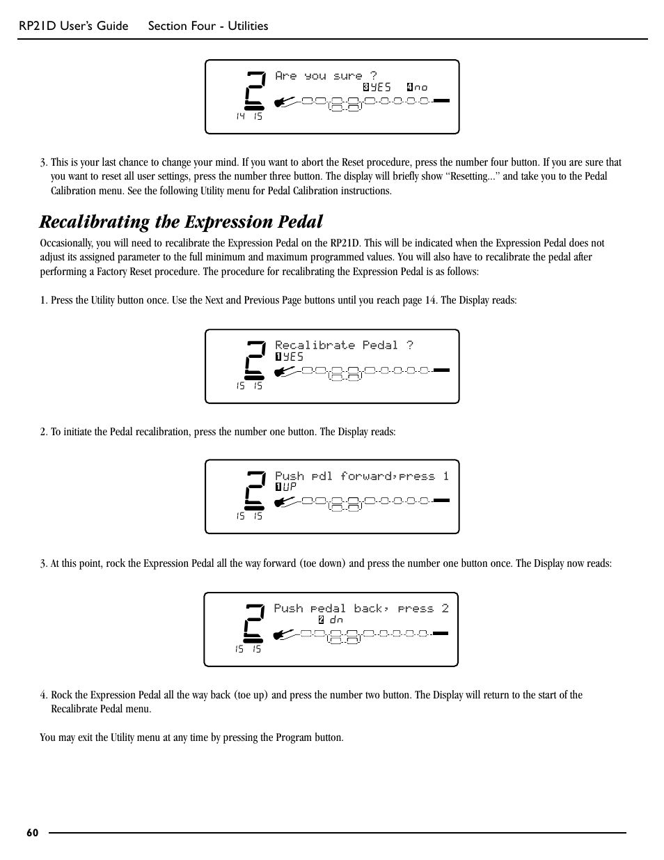 Recalibrating the expression pedal, Push pdl forward,press 1, Recalibrate pedal | Are you sure, No 60 | DigiTech RP21D User Manual | Page 65 / 69
