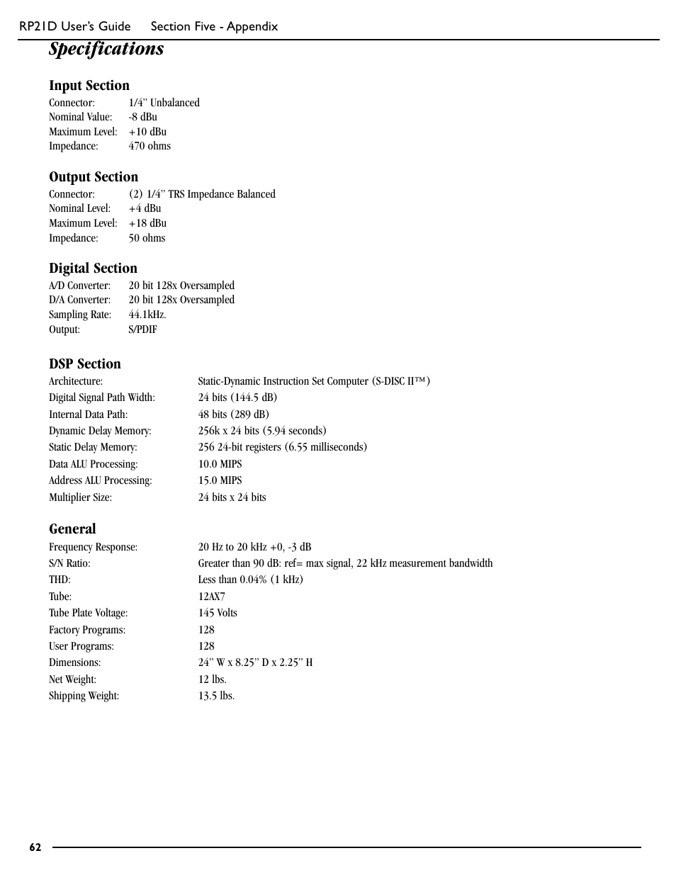 Specifications, General | DigiTech RP21D User Manual | Page 67 / 69