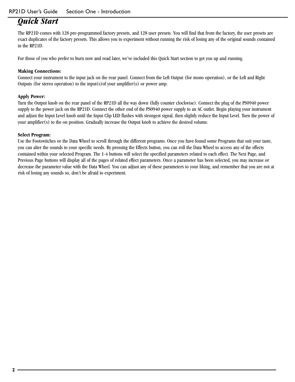 Quick start | DigiTech RP21D User Manual | Page 7 / 69
