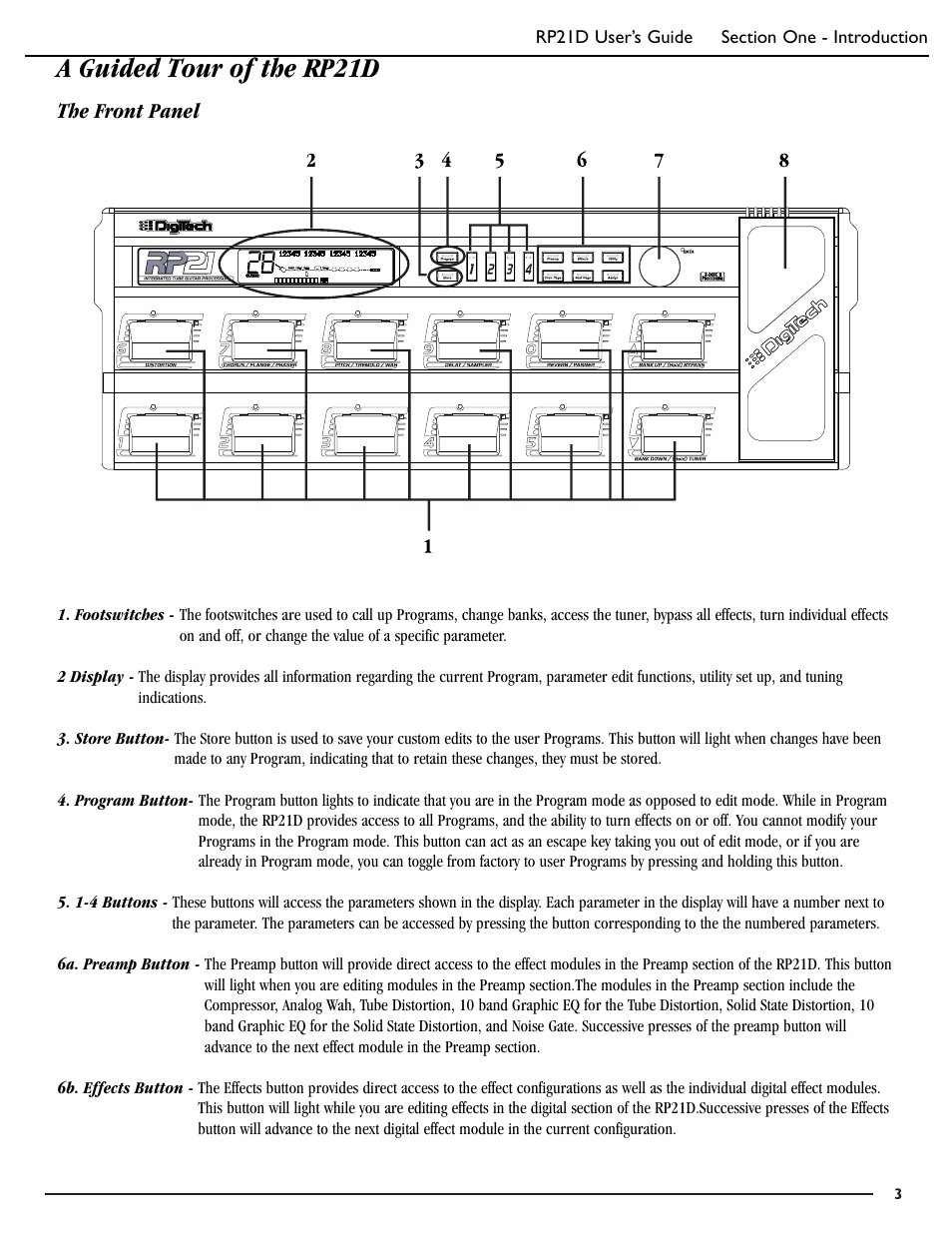 A guided tour of the rp21d, The front panel | DigiTech RP21D User Manual | Page 8 / 69