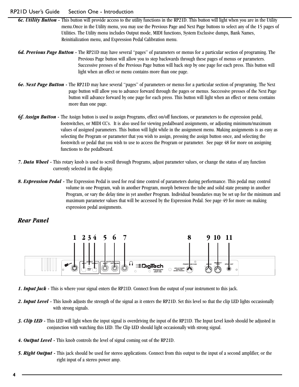 Rear panel | DigiTech RP21D User Manual | Page 9 / 69