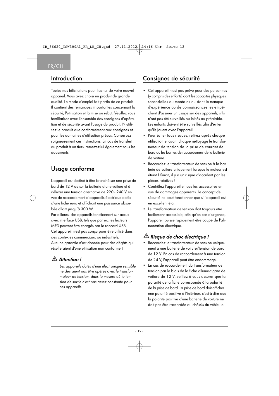 Introduction, Usage conforme, Consignes de sécurité | Fr/ch | Tronic TSW 300 A1 User Manual | Page 15 / 43