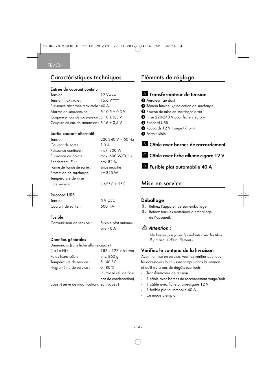 Caractéristiques techniques, Eléments de réglage, Mise en service | Fr/ch, Attention | Tronic TSW 300 A1 User Manual | Page 17 / 43
