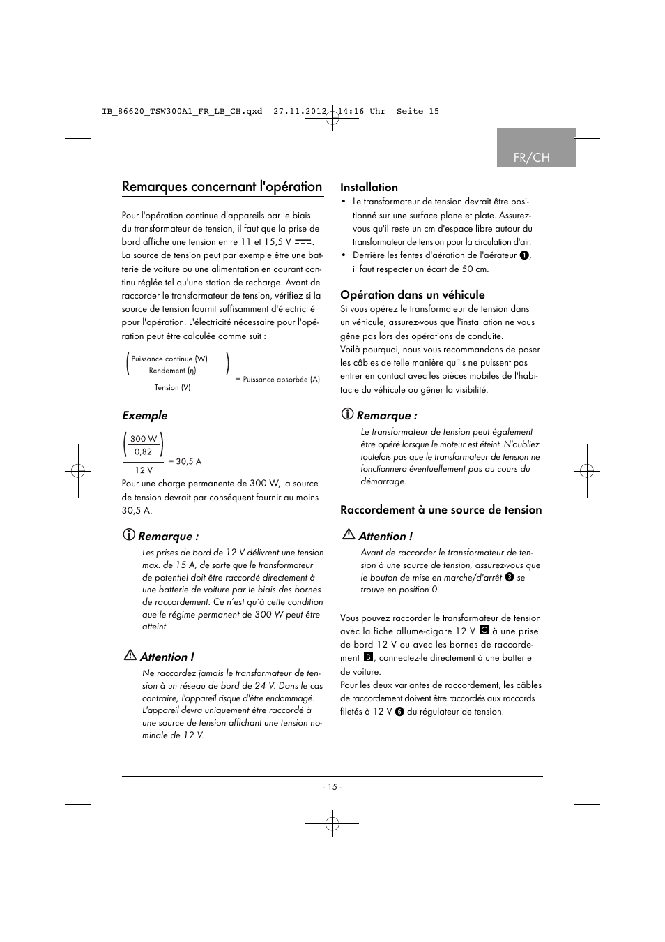 Remarques concernant l'opération, Fr/ch | Tronic TSW 300 A1 User Manual | Page 18 / 43