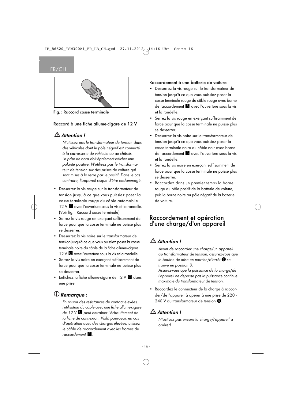 Fr/ch, Attention, Remarque | Tronic TSW 300 A1 User Manual | Page 19 / 43