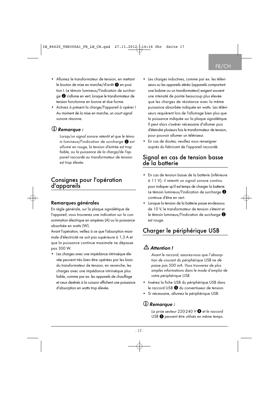 Consignes pour l'opération d'appareils, Signal en cas de tension basse de la batterie, Charger le périphérique usb | Fr/ch | Tronic TSW 300 A1 User Manual | Page 20 / 43