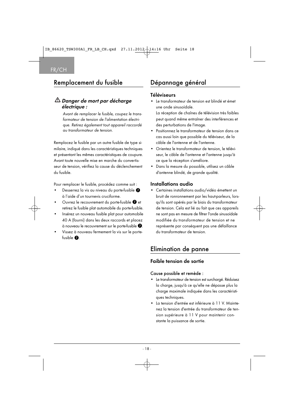 Remplacement du fusible, Dépannage général, Elimination de panne | Fr/ch | Tronic TSW 300 A1 User Manual | Page 21 / 43