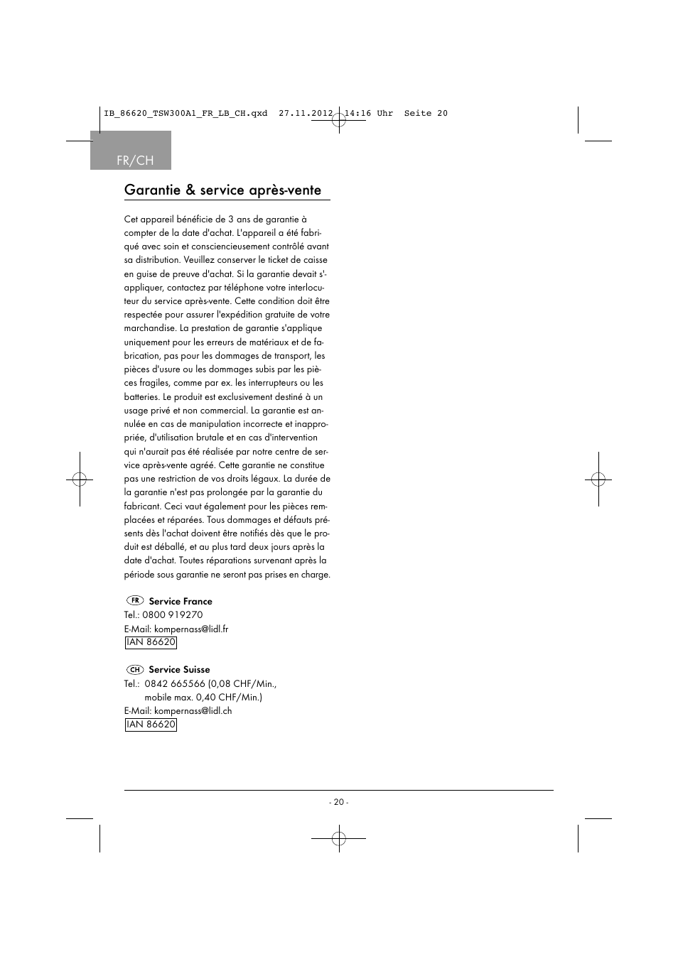 Garantie & service après-vente, Fr/ch | Tronic TSW 300 A1 User Manual | Page 23 / 43