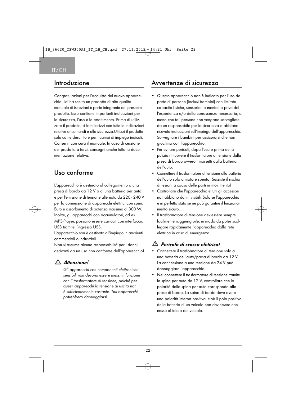Introduzione, Uso conforme, Avvertenze di sicurezza | It/ch | Tronic TSW 300 A1 User Manual | Page 25 / 43