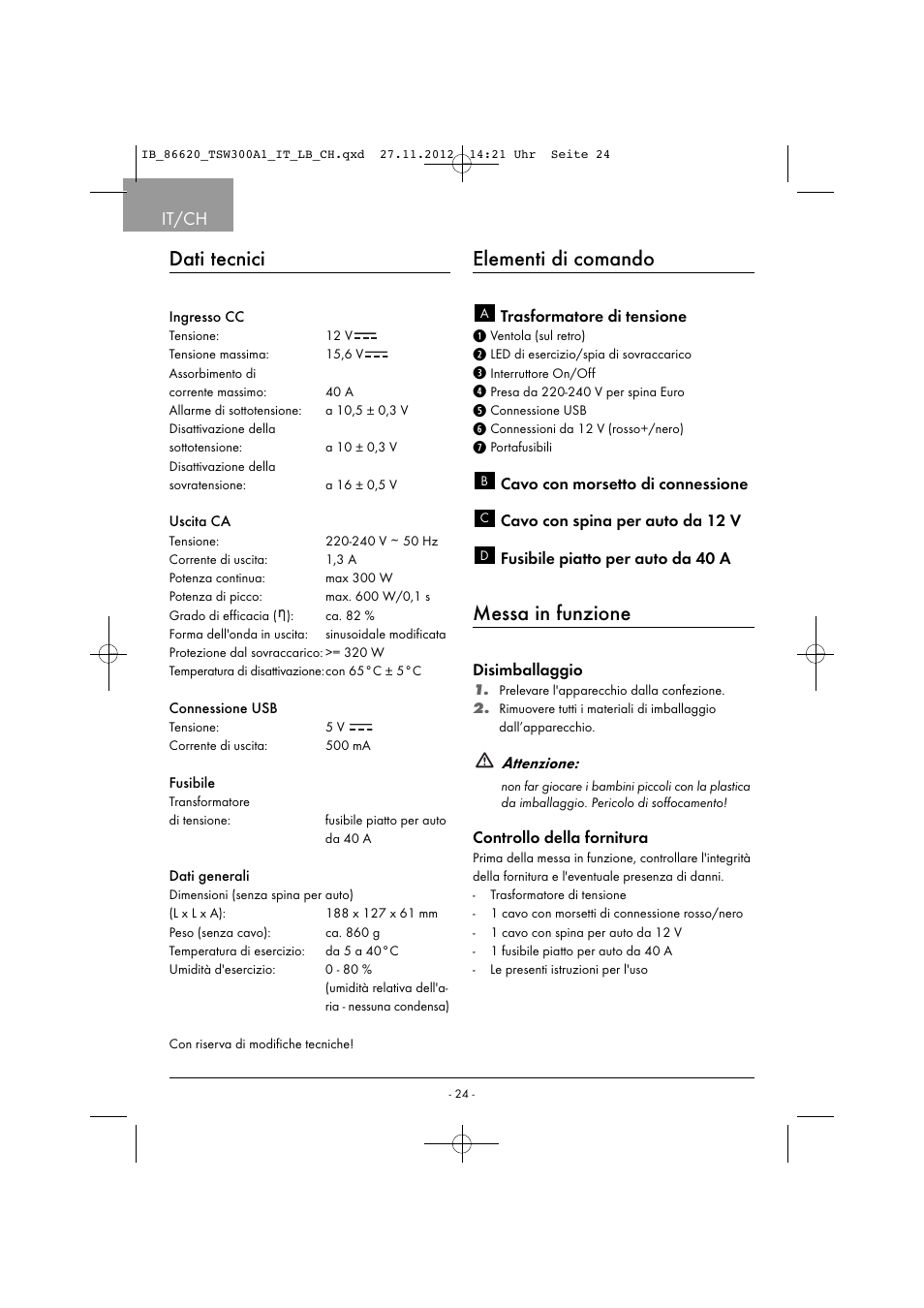 Dati tecnici, Elementi di comando, Messa in funzione | It/ch, Attenzione | Tronic TSW 300 A1 User Manual | Page 27 / 43