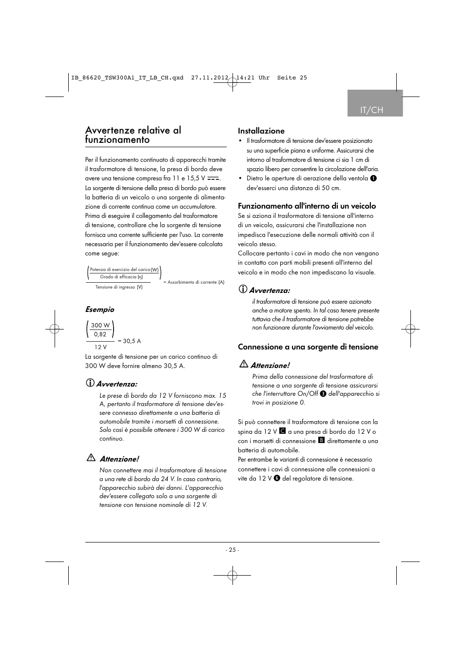 Avvertenze relative al funzionamento, It/ch, Esempio | Avvertenza, Attenzione | Tronic TSW 300 A1 User Manual | Page 28 / 43