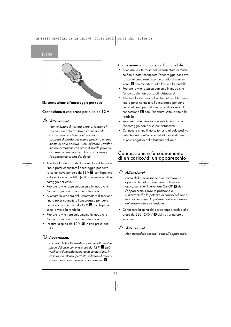 It/ch, Attenzione, Avvertenza | Tronic TSW 300 A1 User Manual | Page 29 / 43