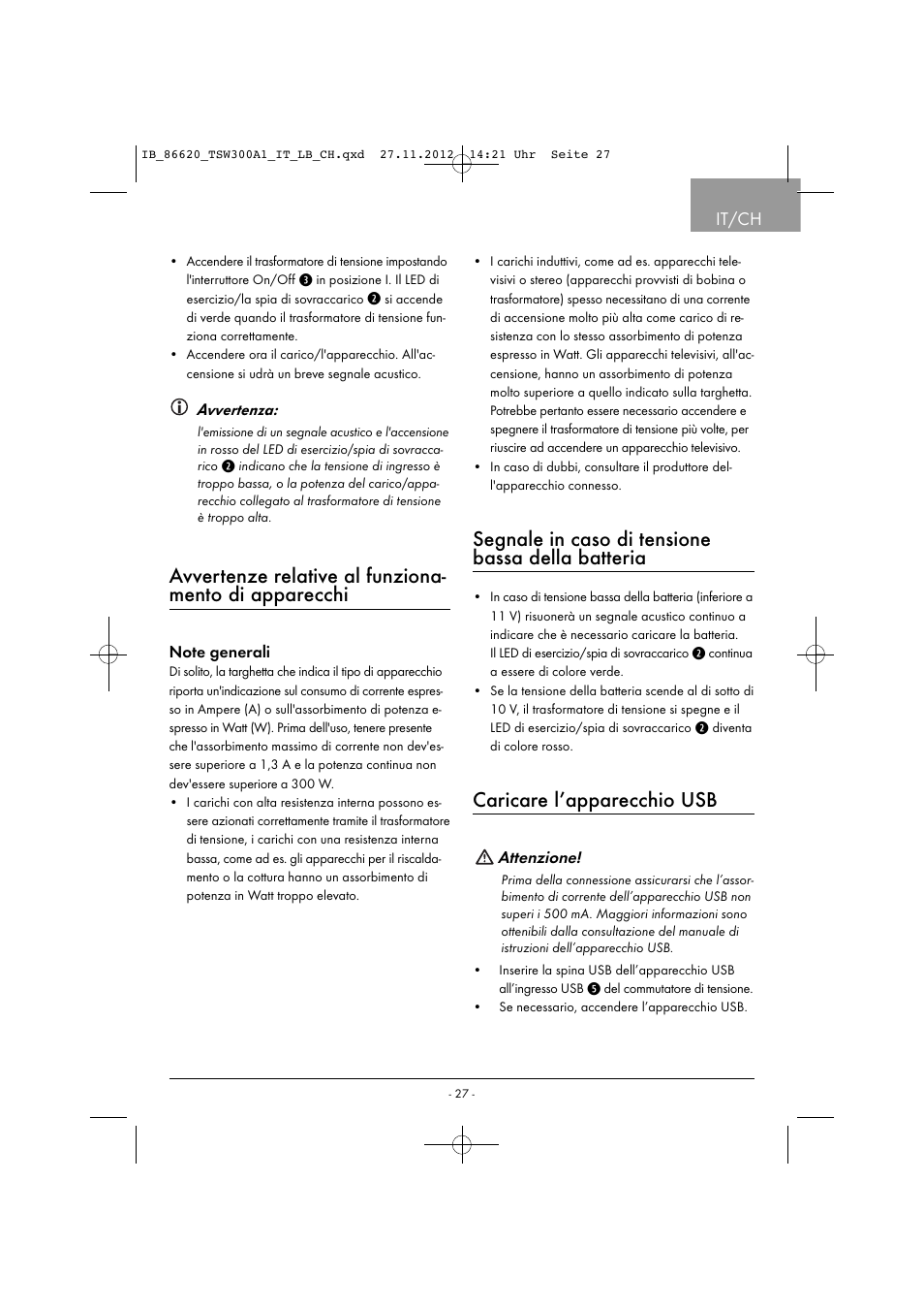 Segnale in caso di tensione bassa della batteria, Caricare l’apparecchio usb, It/ch | Tronic TSW 300 A1 User Manual | Page 30 / 43