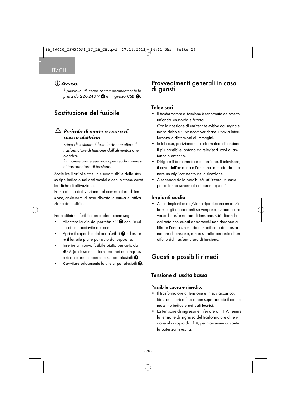 Sostituzione del fusibile, Provvedimenti generali in caso di guasti, Guasti e possibili rimedi | It/ch | Tronic TSW 300 A1 User Manual | Page 31 / 43