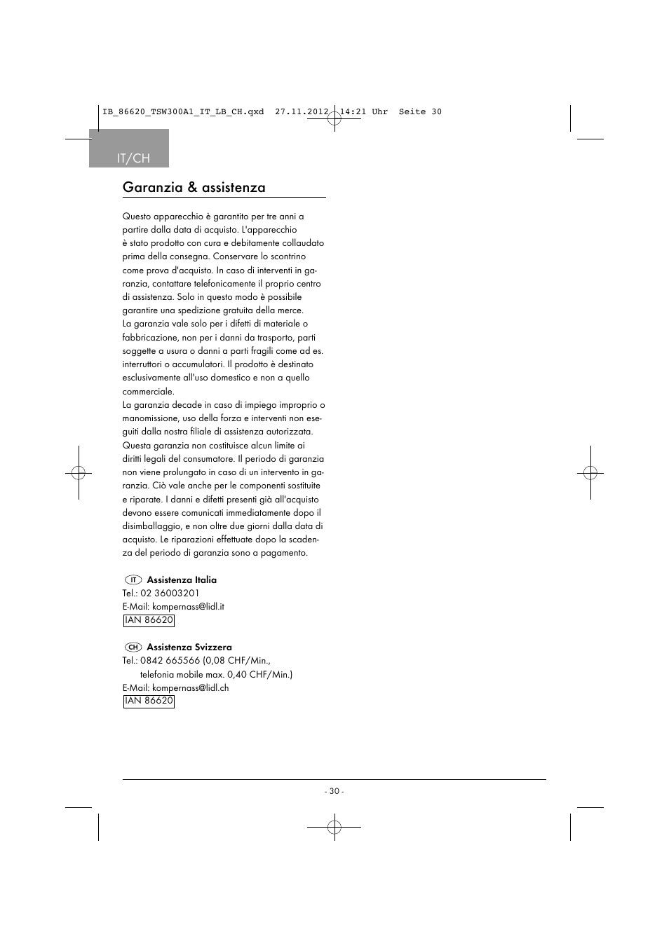 Garanzia & assistenza, It/ch | Tronic TSW 300 A1 User Manual | Page 33 / 43