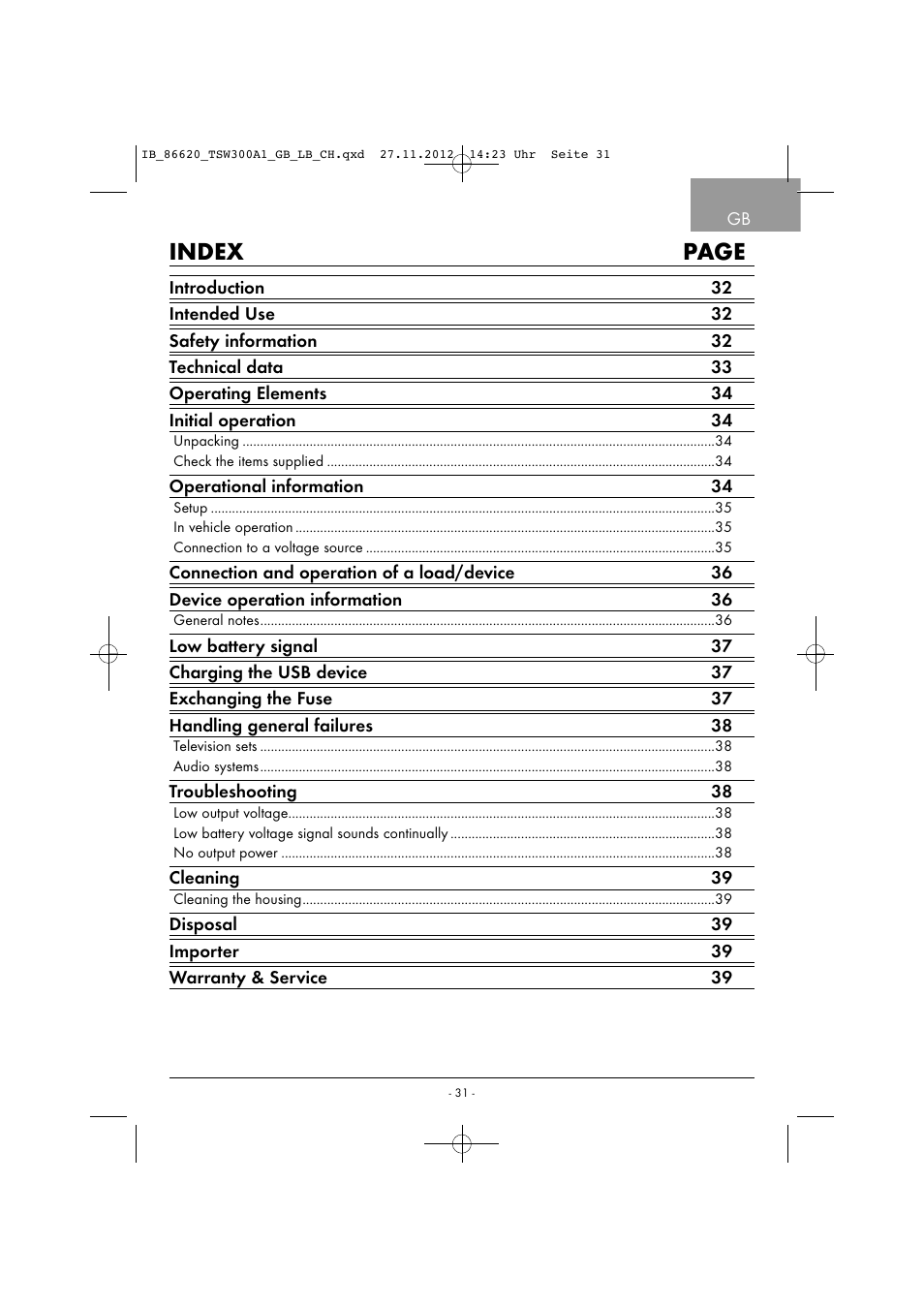 Index page | Tronic TSW 300 A1 User Manual | Page 34 / 43