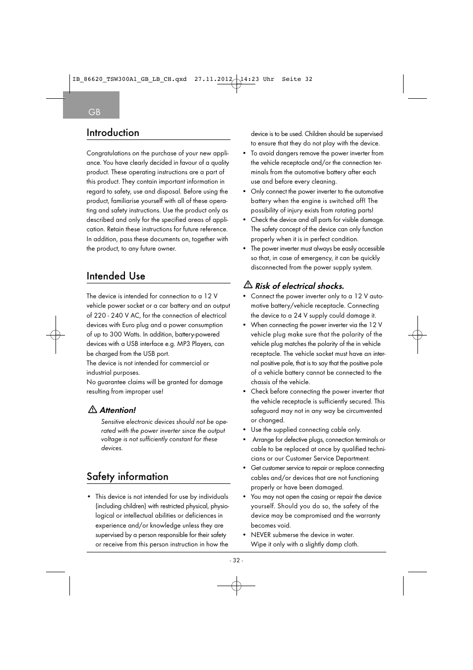 Introduction, Intended use, Safety information | Attention, Risk of electrical shocks | Tronic TSW 300 A1 User Manual | Page 35 / 43