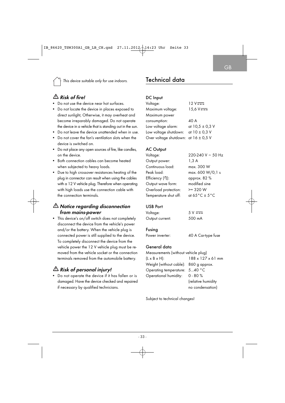 Technical data, Risk of fire, Notice regarding disconnection from mains-power | Risk of personal injury | Tronic TSW 300 A1 User Manual | Page 36 / 43