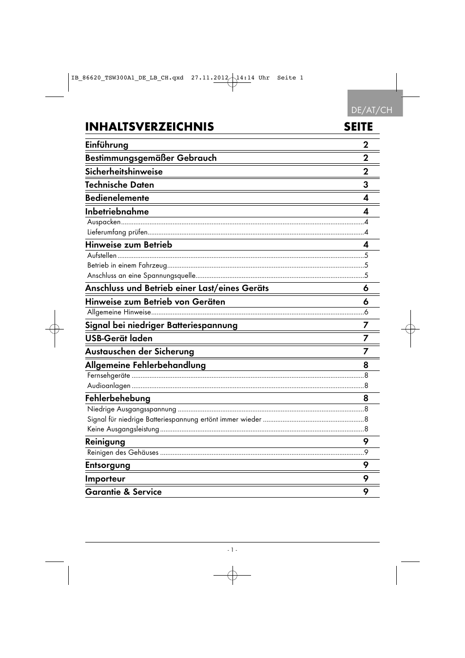 Inhaltsverzeichnis seite | Tronic TSW 300 A1 User Manual | Page 4 / 43