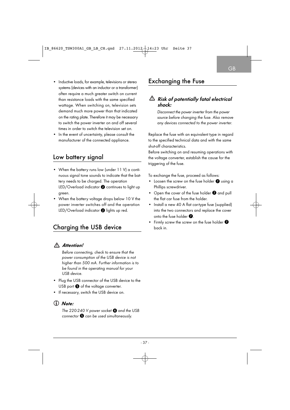 Low battery signal, Charging the usb device, Exchanging the fuse | Tronic TSW 300 A1 User Manual | Page 40 / 43