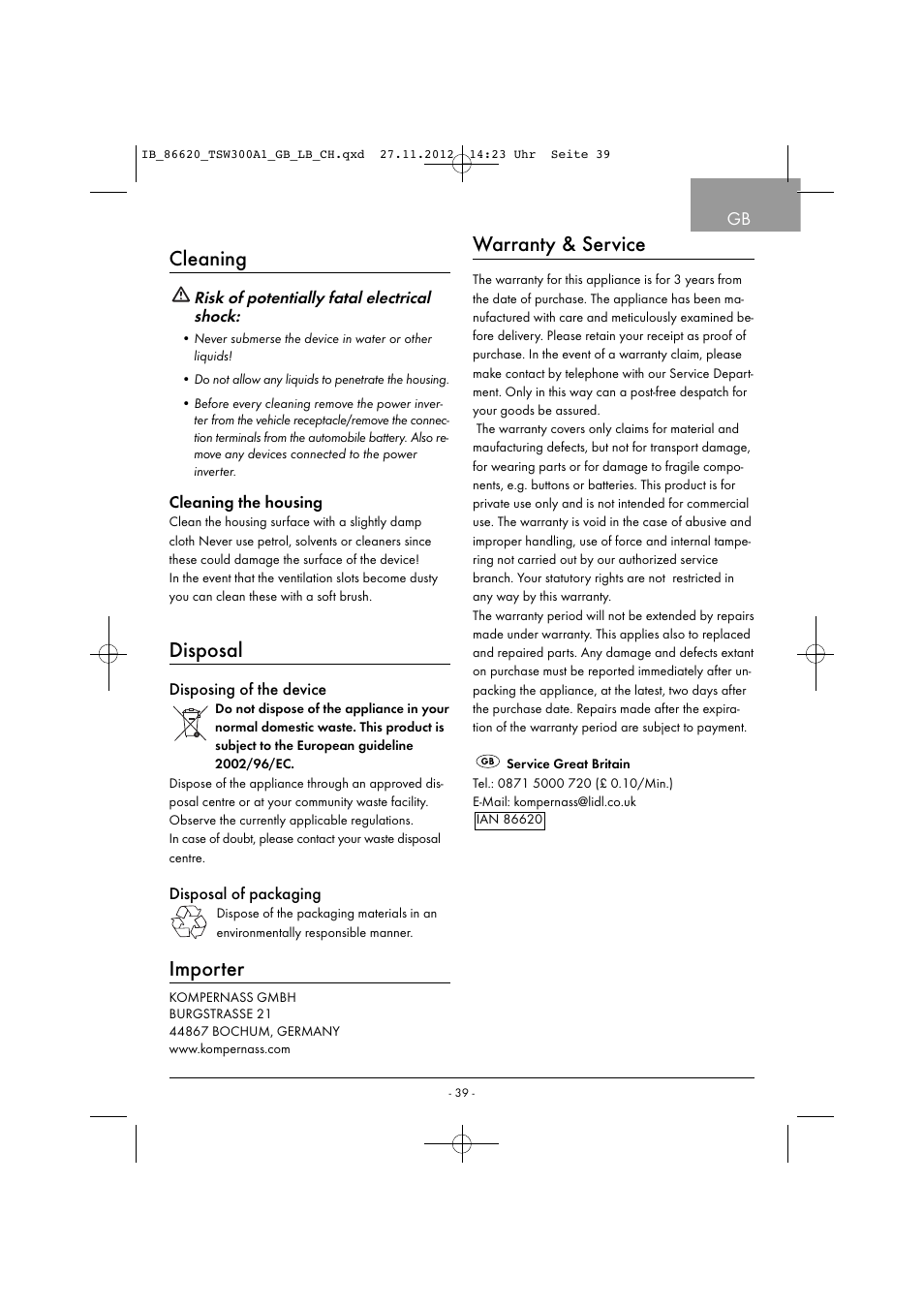 Cleaning, Disposal, Importer | Warranty & service | Tronic TSW 300 A1 User Manual | Page 42 / 43