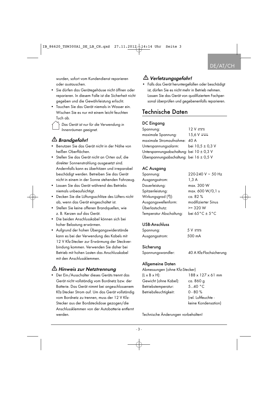 Technische daten, De/at/ch, Brandgefahr | Hinweis zur netztrennung, Verletzungsgefahr | Tronic TSW 300 A1 User Manual | Page 6 / 43