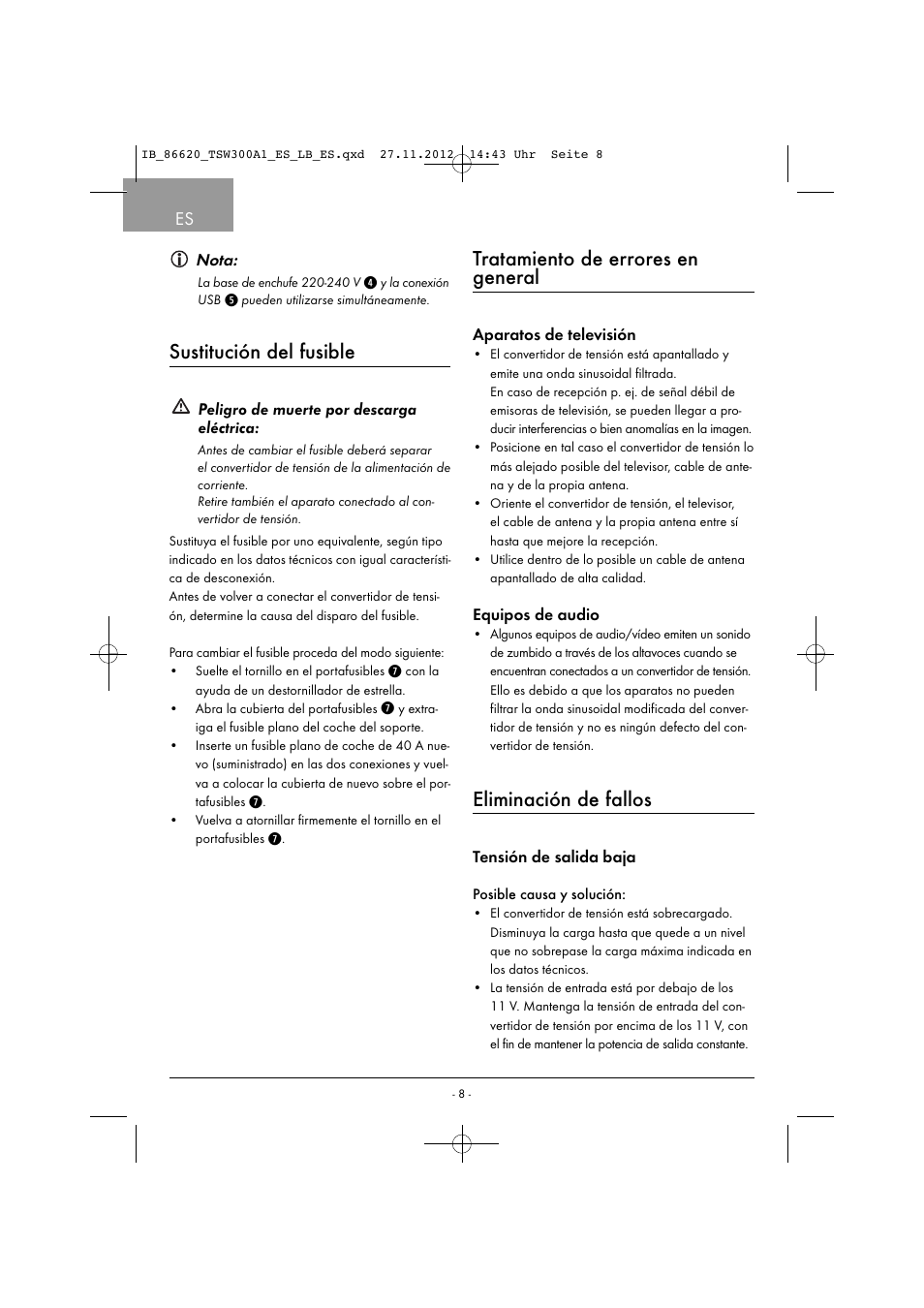 Sustitución del fusible, Tratamiento de errores en general, Eliminación de fallos | Tronic TSW 300 A1 User Manual | Page 11 / 33