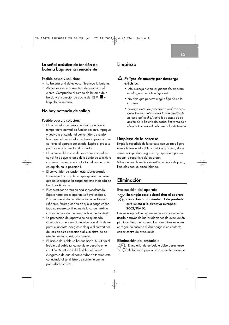 Limpieza, Eliminación | Tronic TSW 300 A1 User Manual | Page 12 / 33