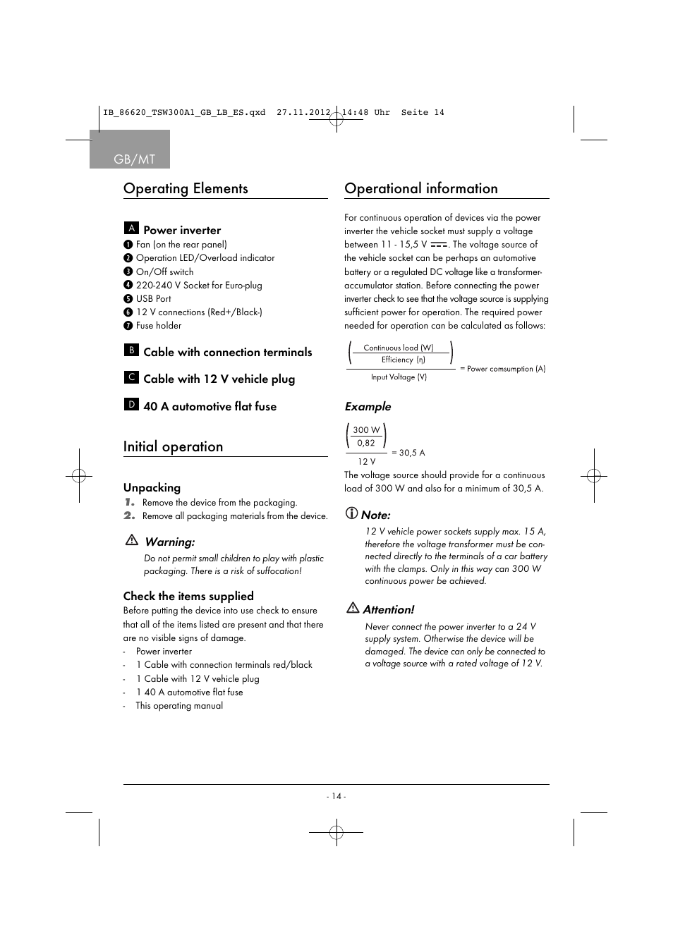 Operating elements, Initial operation, Operational information | Gb/mt | Tronic TSW 300 A1 User Manual | Page 17 / 33