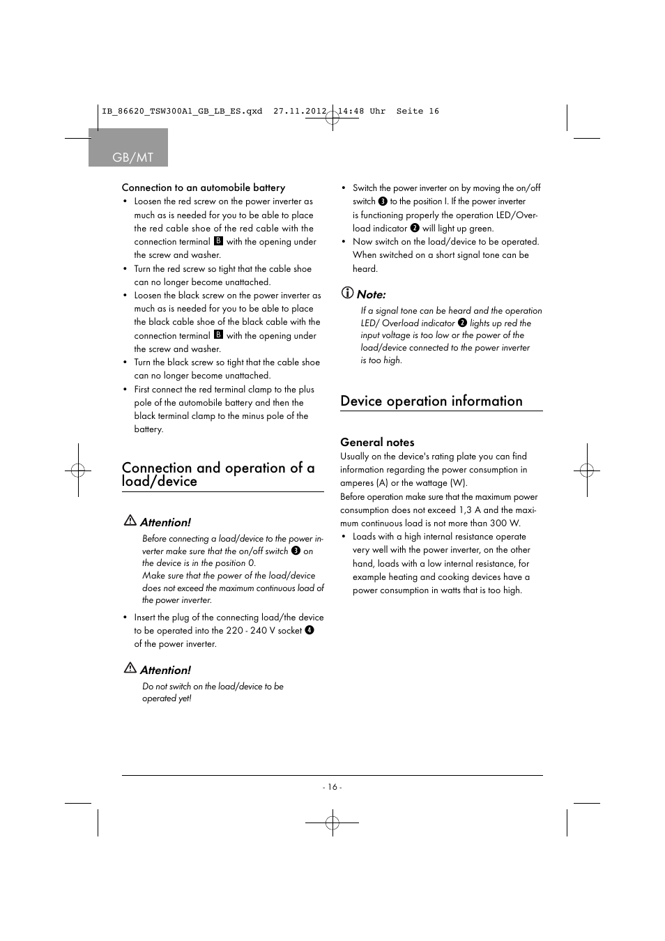 Connection and operation of a load/device, Device operation information, Gb/mt | Attention | Tronic TSW 300 A1 User Manual | Page 19 / 33