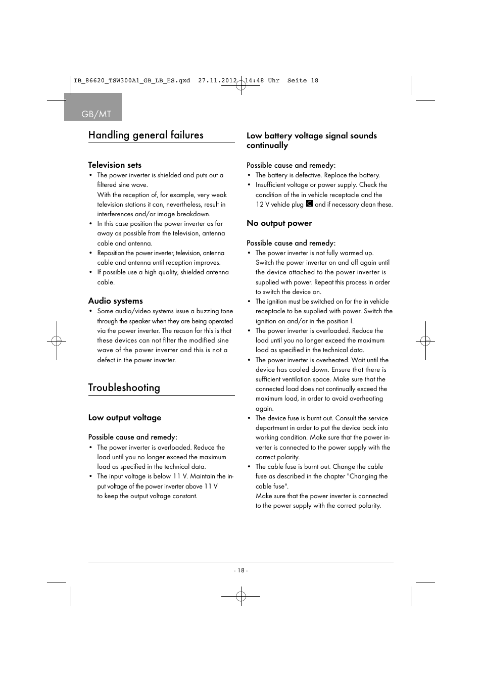 Handling general failures, Troubleshooting, Gb/mt | Tronic TSW 300 A1 User Manual | Page 21 / 33