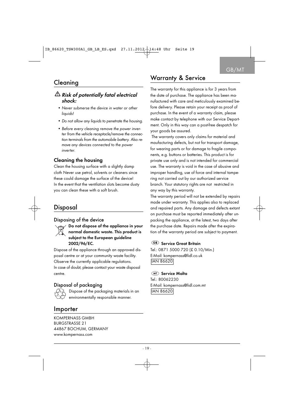 Cleaning, Disposal, Importer | Warranty & service, Gb/mt | Tronic TSW 300 A1 User Manual | Page 22 / 33