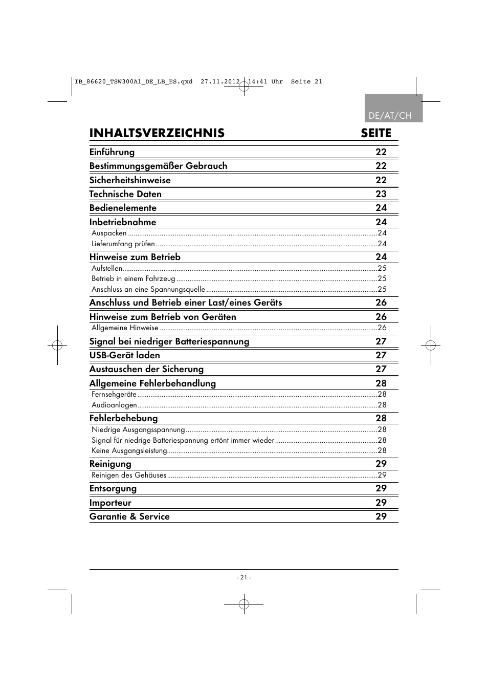 Inhaltsverzeichnis seite | Tronic TSW 300 A1 User Manual | Page 24 / 33