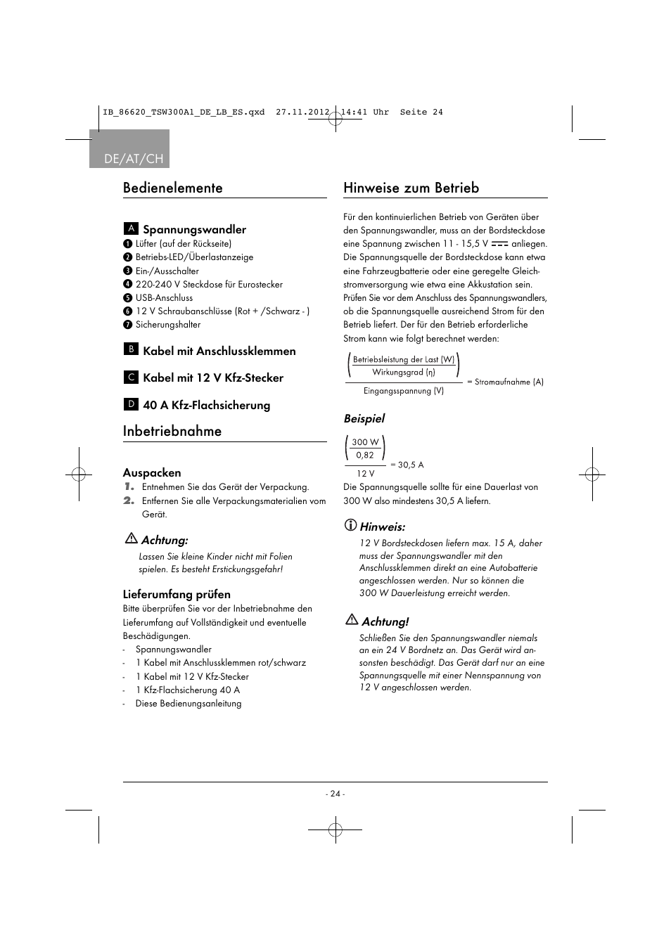 Bedienelemente, Inbetriebnahme, Hinweise zum betrieb | De/at/ch | Tronic TSW 300 A1 User Manual | Page 27 / 33