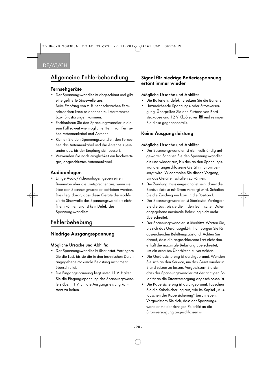 Allgemeine fehlerbehandlung, Fehlerbehebung, De/at/ch | Tronic TSW 300 A1 User Manual | Page 31 / 33