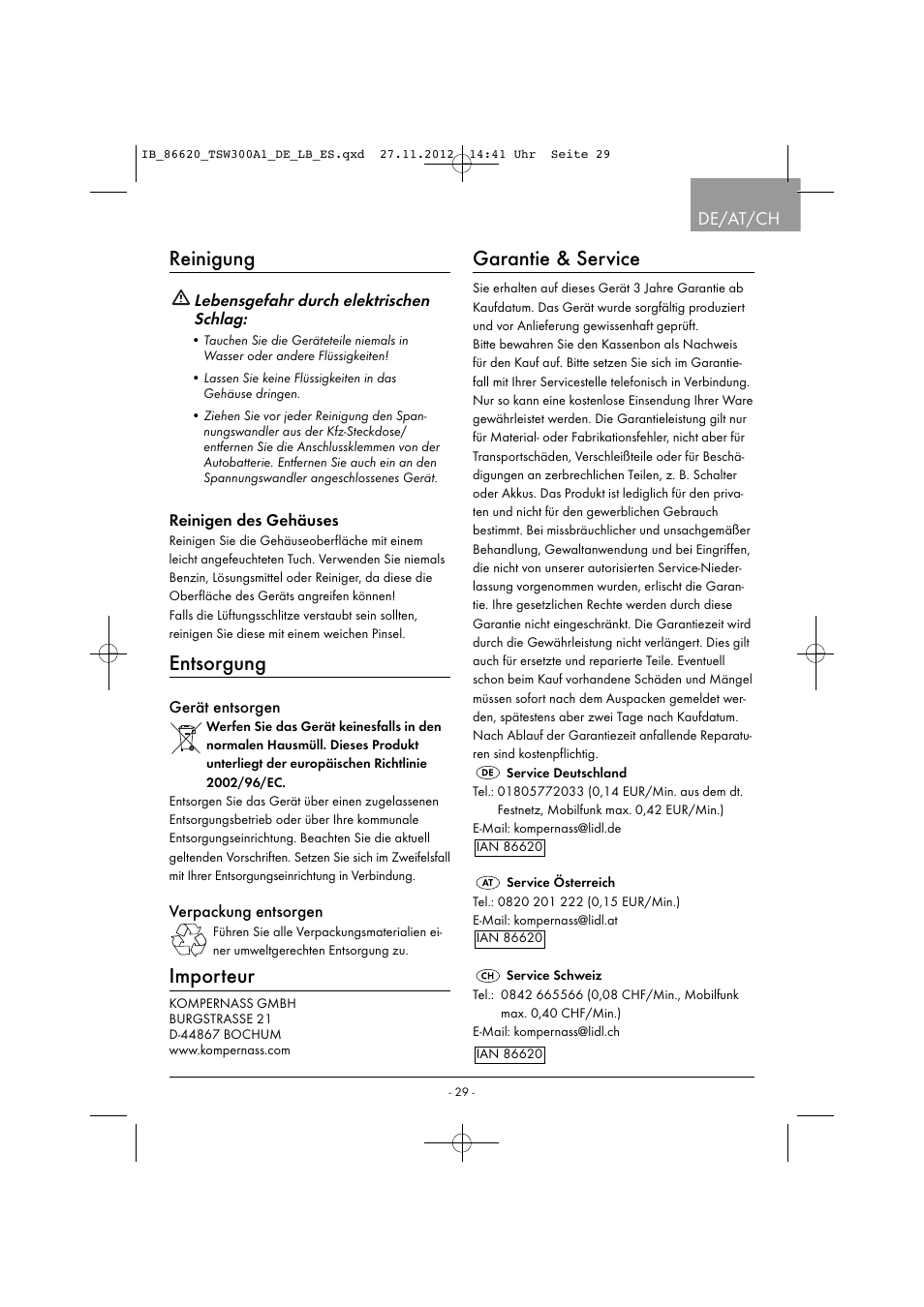 Reinigung, Entsorgung, Importeur | Garantie & service, De/at/ch | Tronic TSW 300 A1 User Manual | Page 32 / 33