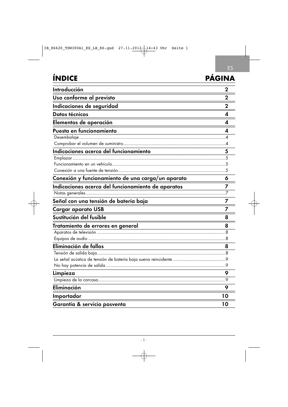 Índice página | Tronic TSW 300 A1 User Manual | Page 4 / 33