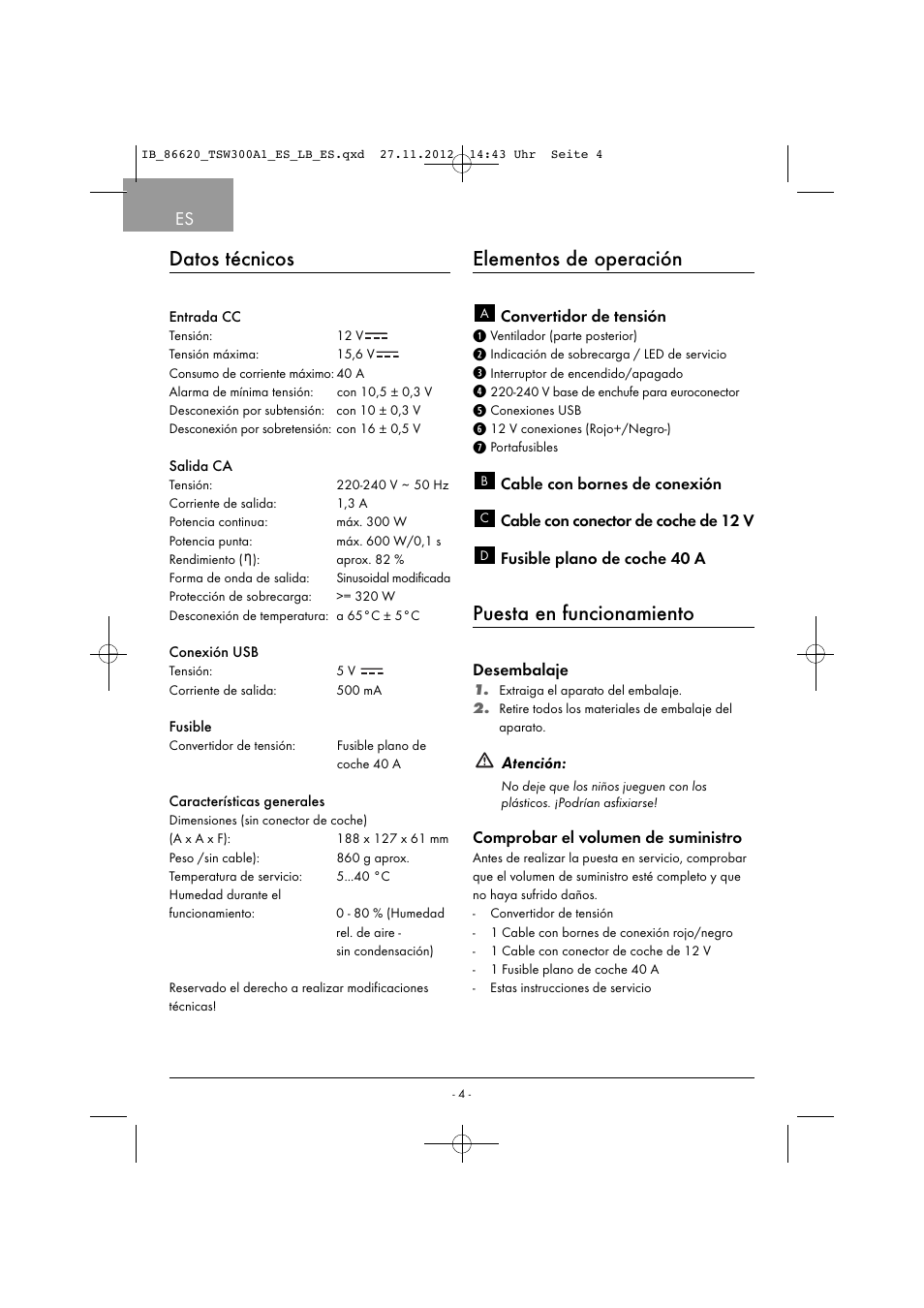 Datos técnicos, Elementos de operación, Puesta en funcionamiento | Tronic TSW 300 A1 User Manual | Page 7 / 33