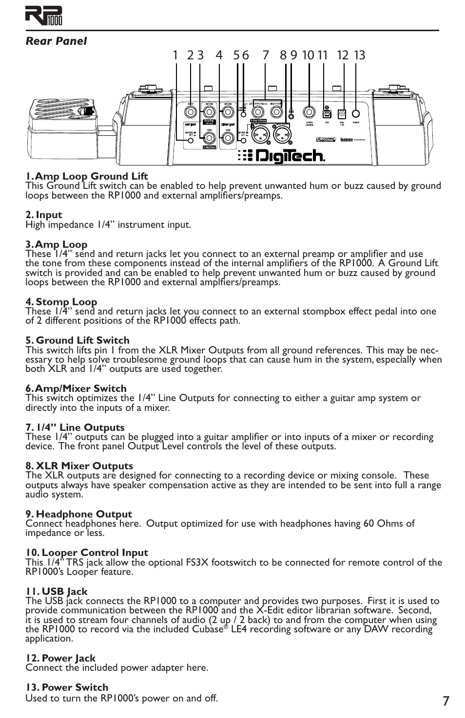 Rear panel | DigiTech RP1000 User Manual | Page 11 / 56