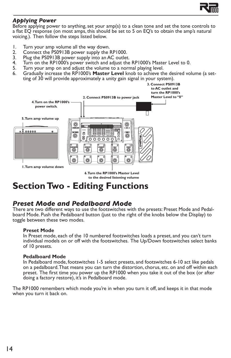 Applying power, Section two - editing functions, Preset mode and pedalboard mode | DigiTech RP1000 User Manual | Page 18 / 56