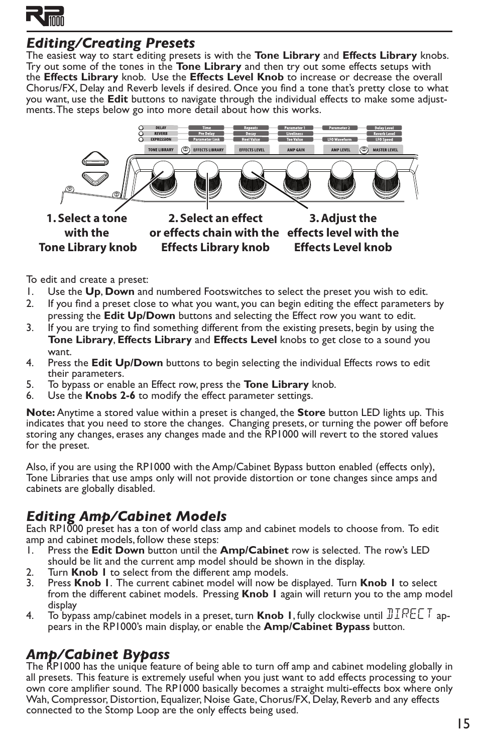 15 editing/creating presets, Editing amp/cabinet models, Amp/cabinet bypass | Direct | DigiTech RP1000 User Manual | Page 19 / 56