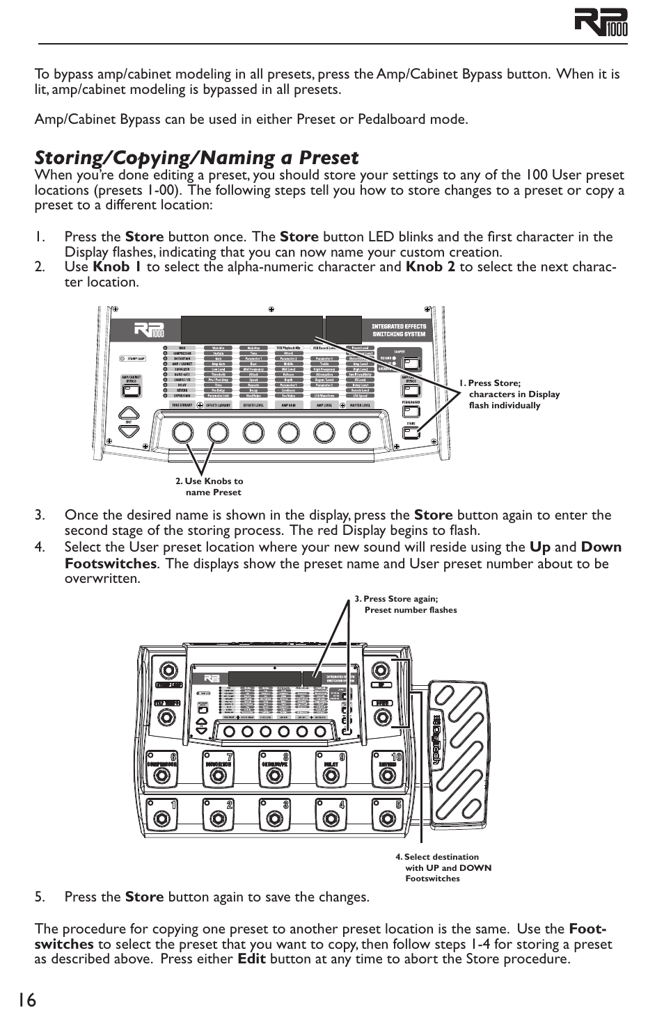 Storing/copying/naming a preset | DigiTech RP1000 User Manual | Page 20 / 56