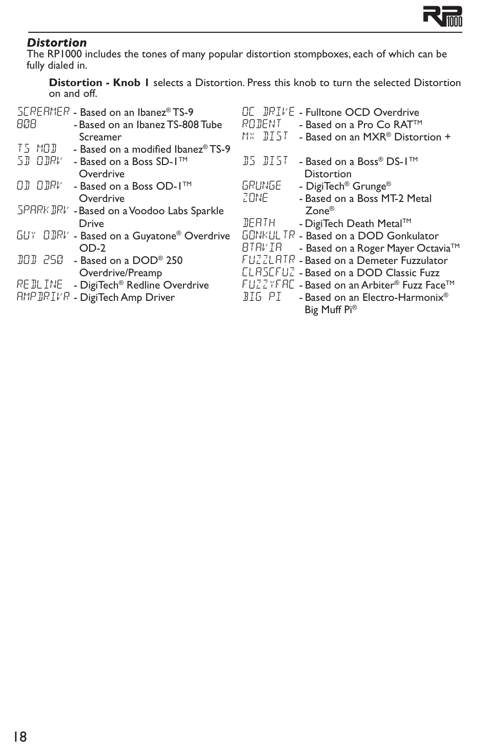 Distortion | DigiTech RP1000 User Manual | Page 22 / 56