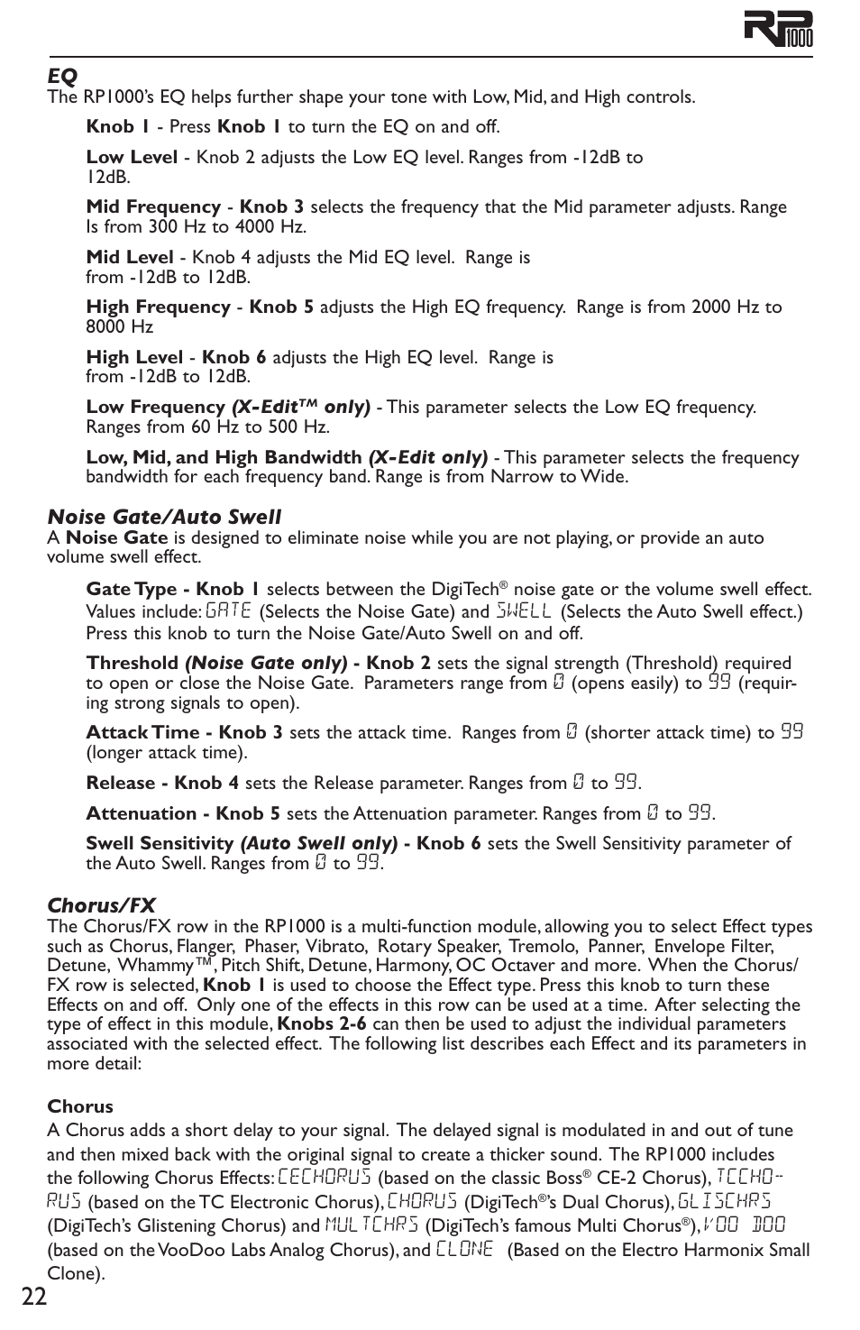 Eq noise gate/auto swell chorus/fx, Chorus, Noise gate/auto swell | Chorus/fx | DigiTech RP1000 User Manual | Page 26 / 56