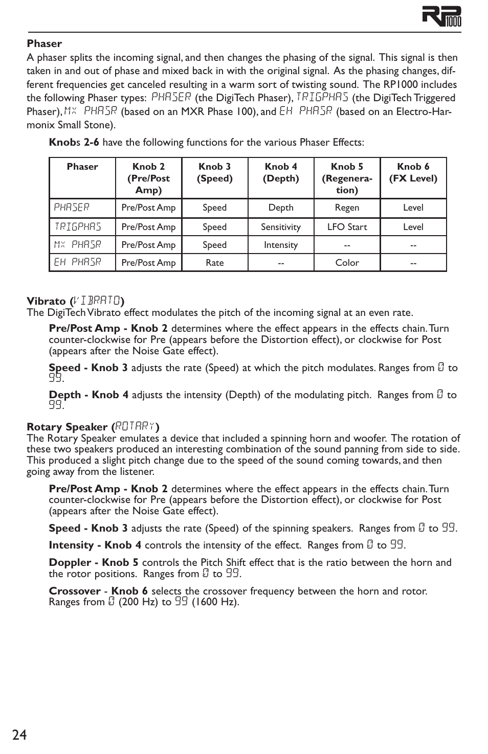 Phaser vibrato rotary speaker | DigiTech RP1000 User Manual | Page 28 / 56
