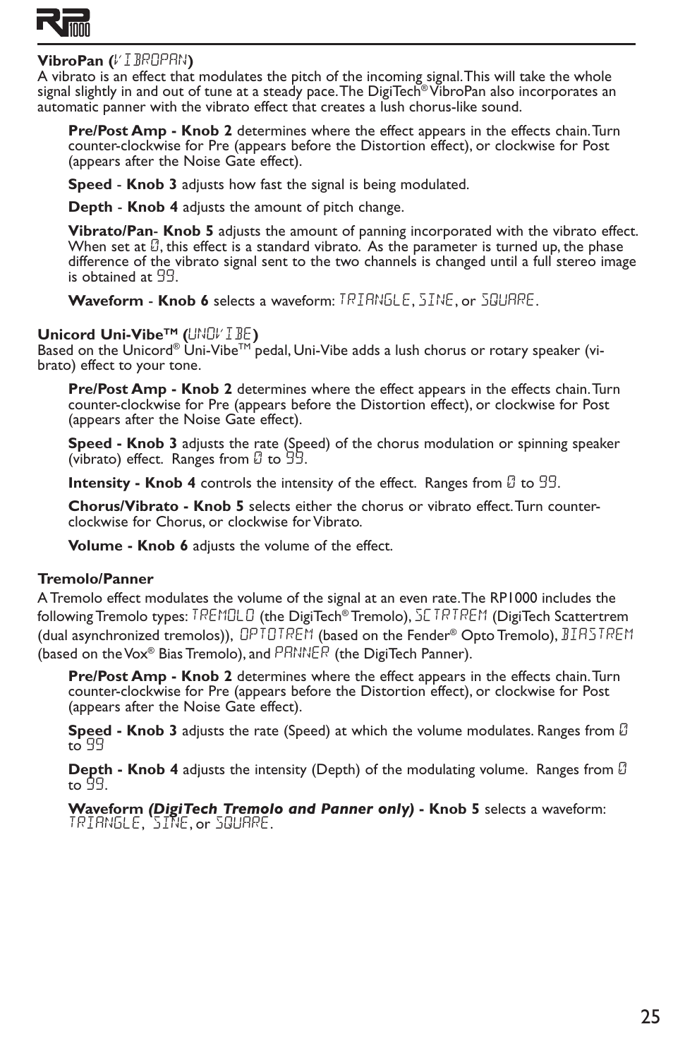 Vibropan unicord uni-vibe, Tremolo/panner | DigiTech RP1000 User Manual | Page 29 / 56
