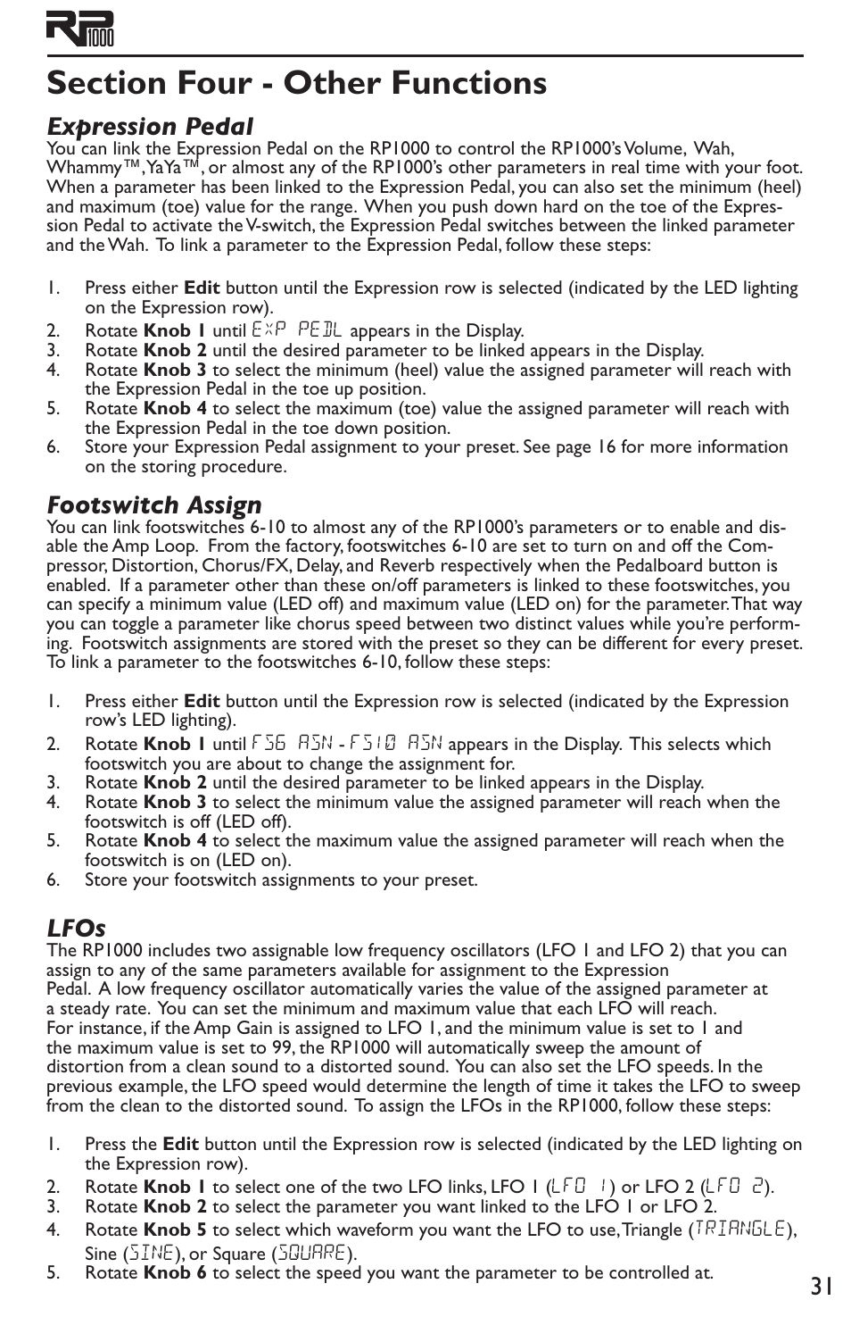 Section four - other functions, Expression pedal footswitch assign lfos, Expression pedal | Footswitch assign, Lfos | DigiTech RP1000 User Manual | Page 35 / 56