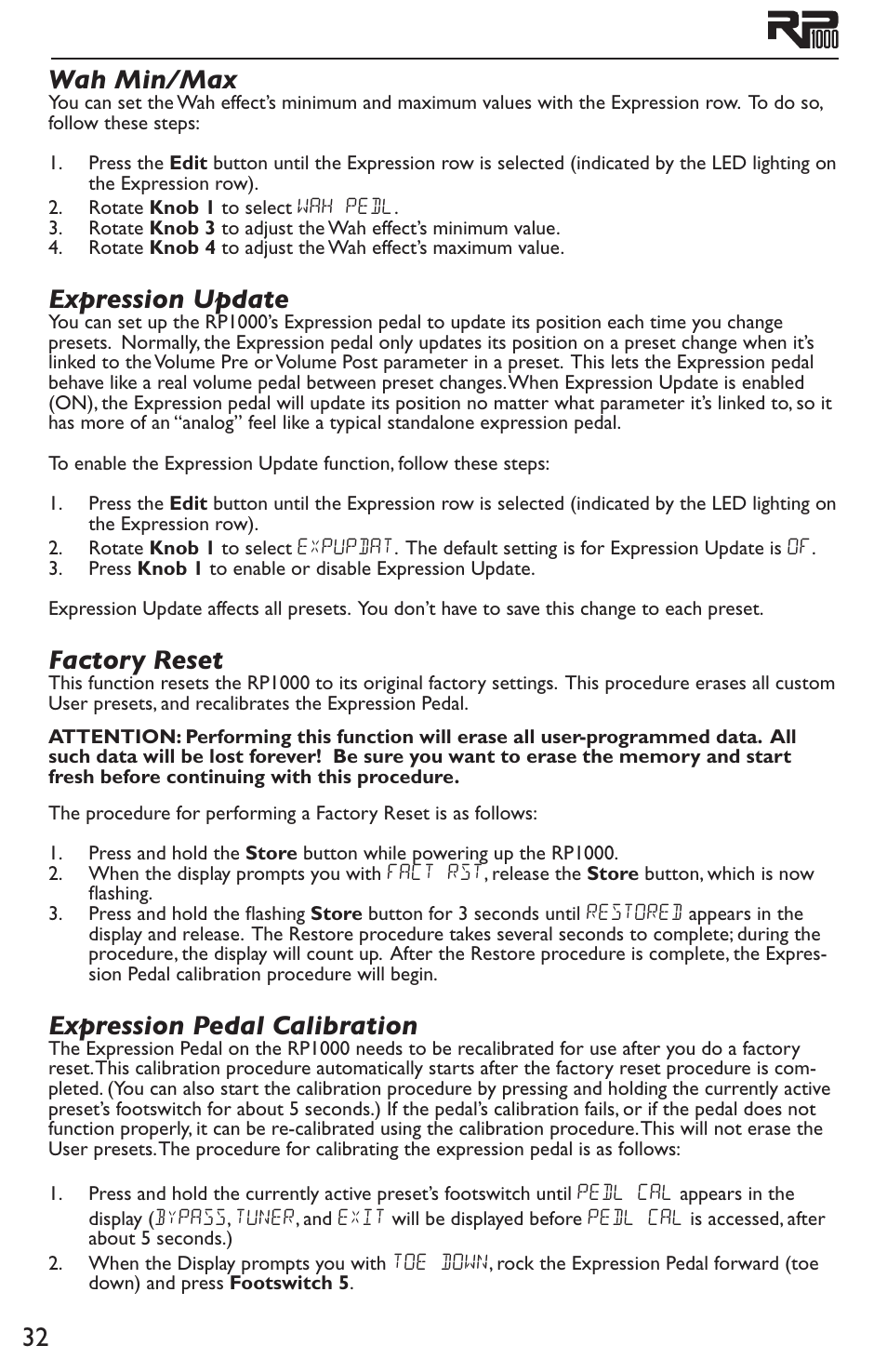 32 wah min/max, Expression update, Factory reset | Expression pedal calibration | DigiTech RP1000 User Manual | Page 36 / 56